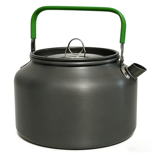 Camping Kettle, 1.8L Lightweight Aluminum Alloy Portable Tea Kettle with Heat-Resistant Green Handle & Carry Bag, Fast Boiling Water Pot for Coffee, Hiking, Picnic and Outdoor Camping
