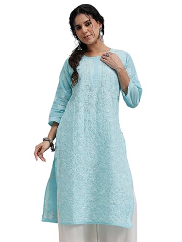 Image of Ada Women's Cotton Straight Fit Straight Hand Embroidered Lucknowi Chikankari Kurta Kurti A411165