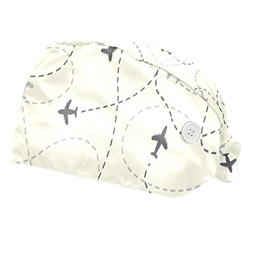 2 PCS Working Cap with Buttons and Sweatband Unisex Adjustable Tie Back Hats Bouffant Caps Airplane Route Scrub Hat Turban Cap