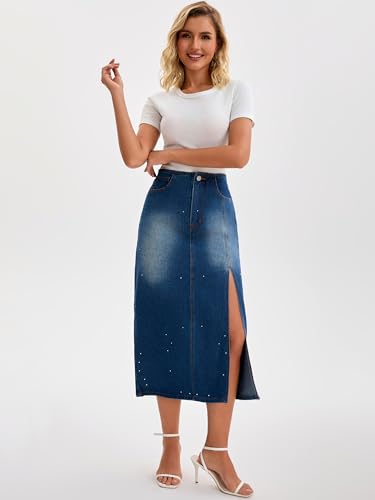 Women's Denim Skirt Side Split Rhinestones High Waist Pencil Midi Jean Skirts3
