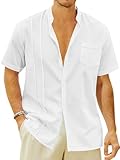Mens Casual Button Shirts Cotton Linen Summer Beach Short Sleeve Tops for Lounge Vacation White