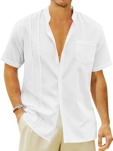 Mens Casual Button Shirts Cotton Linen Summer Beach Short Sleeve Tops for Lounge Vacation White