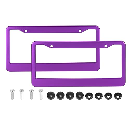 X AUTOHAUX 2pcs Aluminum Alloy License Plate Frame Cover 2 Hole for Car Front Rear License Plate Holder with Screws Caps Purple Plate Mounting