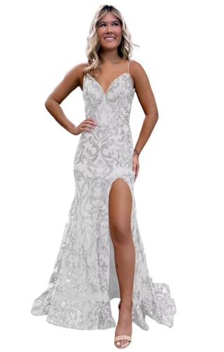Image of RSOETOO Sparkly Sequin Prom Dresses 2026 with Slit Lace Mermaid Formal Evening Gowns for Women RON058