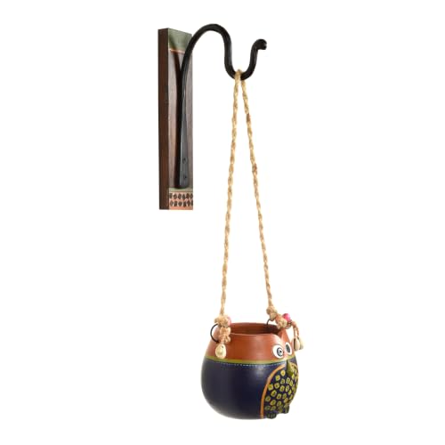 Image of AAKRITI ART CREATIONS Wall Hanging Planter with Hook | Brown & Blue Earthen Planter on Classic Hook, Modern Art, Matte Finish | Metal, Terracotta & Wood | Decorative Hanging Pot for Indoor & Outdoor