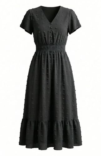 Image of Women Maxi Dresses Boho V Neck Swiss Dot Ruffle Summer Short Sleeve High Waist Tiered Flowy Smocked Cocktail Dresses
