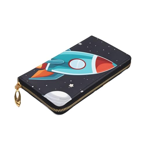 Leather Wallet 7.48 x 4.13 in - Stylish and Durable Wallet for Women with Multiple Compartments and Zipper Design rocket clipart space ship Pattern3