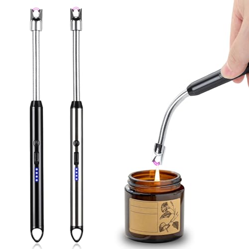 Juego de 2 mecheros eléctricos, arco eléctrico, recargable por USB, encendedor de plasma, encendedor largo para velas, barbacoa, camping, chimenea (negro + plata)