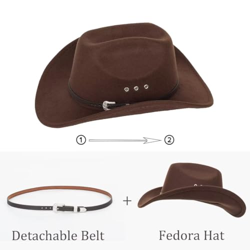 Utowo Men Women Retro-Brown Western-Cowboy-Hat With Eyelets Felt-Cowgirl-Hats Solid-Felt Rodeo Roll-Up-Brim Fedora Hat thumb #4