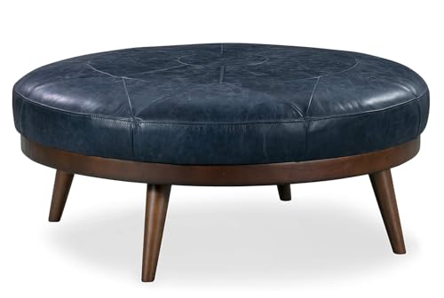 Image of POLY & BARK Gio Ottoman - 30 inch Round with Feather-Down Topper - Full-Grain Leather Upholstery - Couch Ottoman for Living Room - Vintage Italian Leather in Midnight Blue