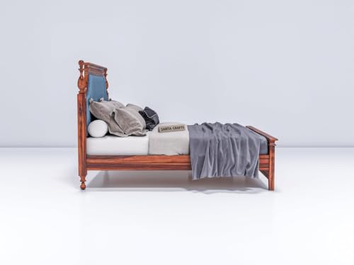 Image of Craft Solid Sheesham Wood Low Height King Size Bed Without Storage | Wooden Double Bed | Low Floor /Lying /Rise /Level /Profile Cot with Blue Upholstered Cushioned Headboard, Honey-B25