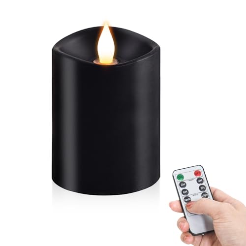 Image of 3x4 Flickering Flameless Candles Set of 1,Real Wax Pillar led Candles Flickering,with Timer,4 inch Flameless Candles with Remote,for Holiday Home Decor Party,Black