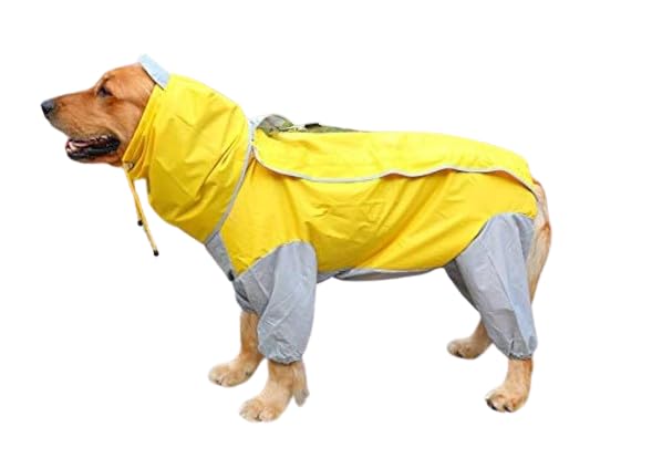 Image of Bhumi Enterprises Dog Raincoats Rain Snow Coats Waterproof Clothing 4 Four Legs Raincoat Full-Cover Dogs Hooded Poncho(Yellow-Grey) (24-Size)
