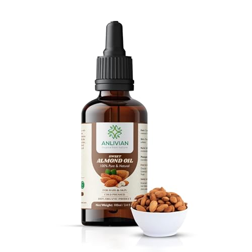 Pure Sweet Almond Oil 100ml (Amber Glass Bottle)– Cold Pressed, Natural Carrier Oil for Face, Hair & Body – Rich in Vitamin E – Moisturising, Nourishing & Vegan By Anlivian – Made in Australia (100ML)