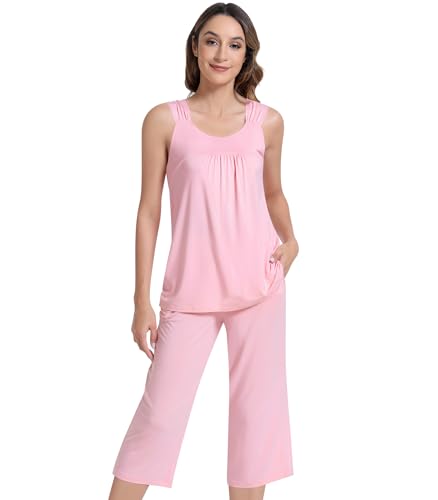 Image of NACHILA Pajamas for Women-Viscose Made from Bamboo, Sleeveless Pjs Top and Capri Pants Pajama Set Cool Pleated Sleepwear
