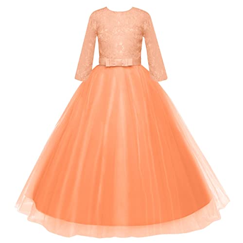 Image of Girls Flower Vintage Floral Lace 3 /4 Sleeves Floor Length Dress Wedding Party Evening Formal Pegeant Dance Gown