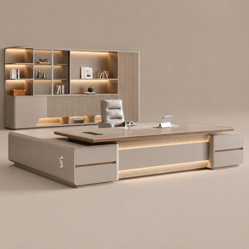 Image of Modern Luxury Executive Office Desk with Side Storage Unit, Premium Wooden Manager Table for CEO Cabin, Contemporary Office Furniture with LED Panel Design (LDL-889 MDFL L8W3)