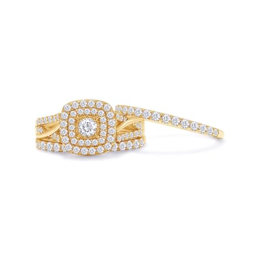 Square Halo Wedding Double Band Set Engagement Ring 14K Gold Plated Sterling Silver 1 Cttw Lab Created Moissanite Promise Eternity Ring for Women (1 Cttw,VVS1 Clarity)4