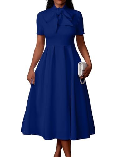 Memoriesea Women's Elegant Casual Short Sleeve Work Party A-Line Dress with Pockets