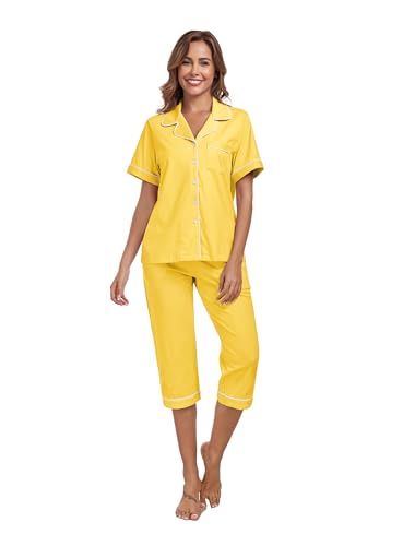 Image of COLORFULLEAF 100% Cotton Capri Pajama for Women Set Summer Short Sleeve Pj Sets for Women Cotton Sleepwear