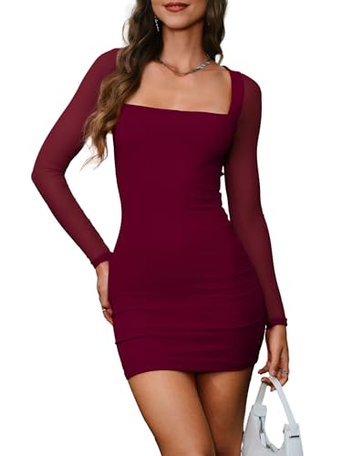 Image of HYPERFIRE Women's Mesh Long Sleeve Square Neck Tie Back Mini Dress Cocktail Party Club Dresses Going Out