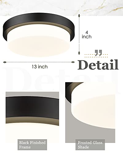 Image of 13 inch Black LED Flush Mount Ceiling Light, 24W, 5CCT | 2200LM, 2700K /3000K /4000K /5000K /6000K, Close to Ceiling Light Fixtures for Bedroom Hallway Kitchen, Milk Glass, AD-22008-L-BK