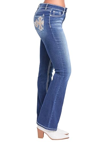 YMI Women's Mid Rise Heavy Stitch Bootcut Cross Studded Jeans2