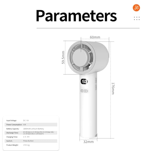 Image of One94Store Portable Hand Fan | 1800mAh Rechargeable Battery | Digital Display | Touch Control | 3 Speed Modes with 150 Speed Dialing Button | Personal Cooling Fan for Home, Office & Travel | White