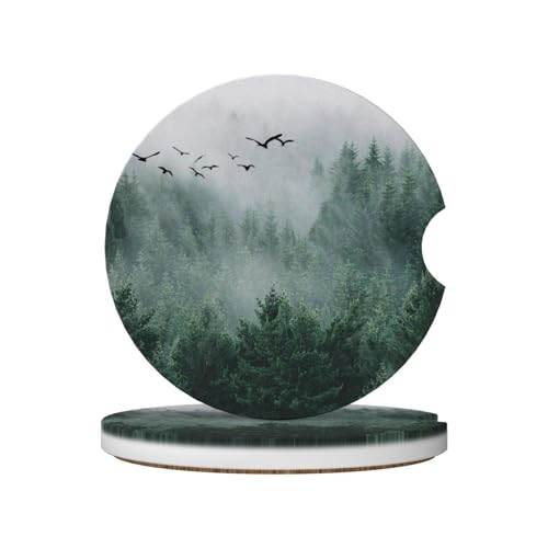 Image of Forest Tree Car Coasters for Cup Holder Absorbent Ceramic Cup Coaster 2 Pack Anti Slip Car Interior Accessories with Finger Notch Cork Base for Women Men 2.56 inch