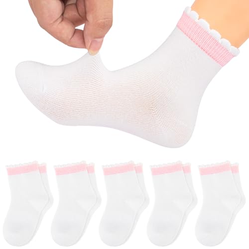 Looching 5 Pack Baby Toddler Girls Ruffle Ankle Socks Cute White Soft Cotton Pink Frilly Dress Low Cut Sock for 1-8 Years Kid