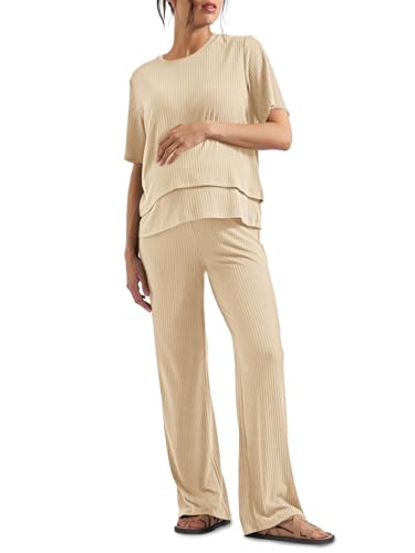 Image of Tankaneo Womens Postpartum Maternity Pajamas 2 Piece Sets Rib Short Sleeve Nursing Tops and Elastic Waist Pants Loungewear