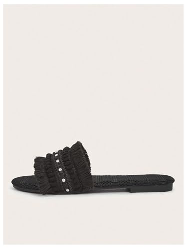 Image of OYOANGLE Women's Fringe Straw Sandals Crochet Open Toe Single Band Flat Slip On Sandals