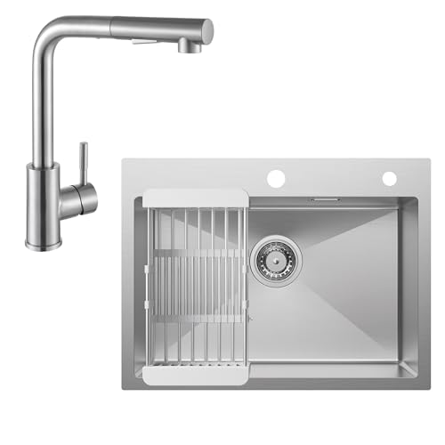 CECIPA Fregadero de Cocina 60x45 cm + Grifo de Cocina Extensible, Fregadero con Escurridor y Sifón, Fregadero Cocina 1 Seno Cuadrado, Fregadero encastrable con 2 Orificios, Acero Inoxidable Cepillado