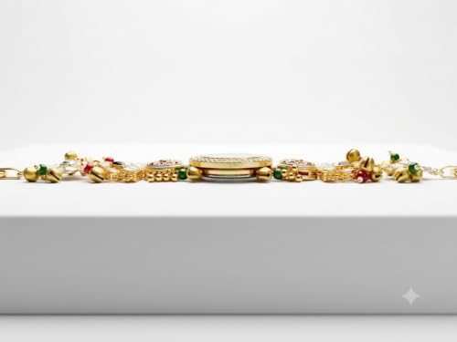 Image of Kashmiri Meenakari Round Dial Bracelet Watch, Gold Tone, Red and Green Kundan, Traditional Indian Jewellery Style