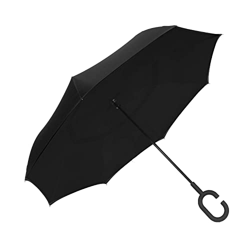 ShedRain Unbelievabrella Inverted, Upside Down, Windproof & Rainproof Car Umbrella - Hands Free C-Shape Handle - Heavy Duty, Double Layer Reverse Canopy Protects Men & Women Outdoors from Wind & Rain (Black / Black)