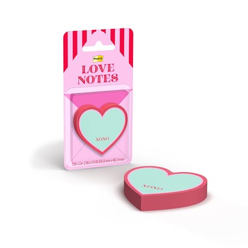 Post-it Notas adhesivas de corazón, diseño de corazón verde con 'XOXO', 2 x 1.9 pulgadas, notas de amor para el día de San Valentín, 1 bloc de notas adhesivas con 100 hojas