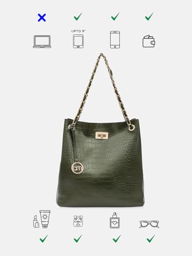 Image of Bagsy Malone Bucket Shaped Tote Bag -Set of 2 | Handcrafted Side Tote Bag for Office and College (Croco Olive)