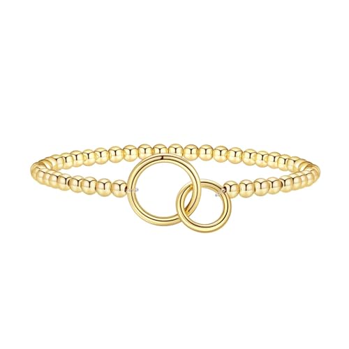 Beaded Bracelets for Women 14K Silver Gold Plated Stretch Handmade Ball Bracelets Cute Charm Bracelet Dainty Stackable Cross Heart Bow Wave CZ Circle Trendy Jewelry Easter Gifts (double-circle)