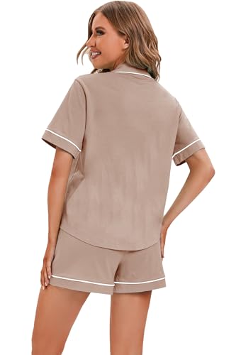 Image of LUBOT 100% Cotton Pajamas for Women 2 Piece PJ Set Button-Down Soft Knit Short Sleeve Summer Sleepwear Loungewear XS-XXL