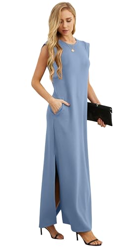 Image of GRECERELLE 2026 Women Year-Round Casual Round Neck Loose Split Wrinkle-Free Long Maxi Vacation Dress with Pockets (XXS-4XL)