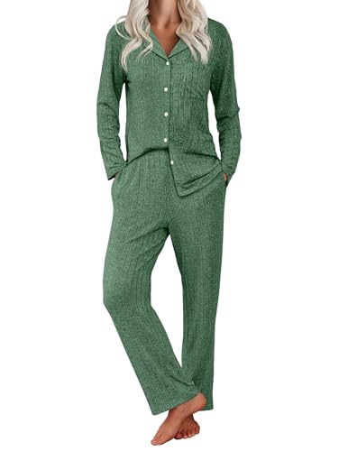 Image of Ekouaer Womens Ribbed Knit Pajama Sets 2 Piece Lounge Set Long Sleeve Button Down Pjs Sleepwear Set with Pockets