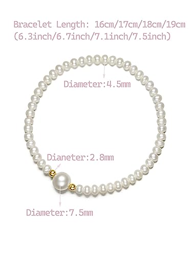 18K Gold Pearl Bracelets for Women 4.5mm Freshwater Pearls Stretch Beaded Bracelet AAA+ Quality White Pearl with 18K Real Gold Beads Dainty Jewelry for Her X199040 16/17/18/19cm2