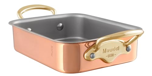 Mauviel M'Minis Polished Copper & Stainless Steel Rectangular Roasting Pan, Brass Handles, 7 x 5-in, Made in France