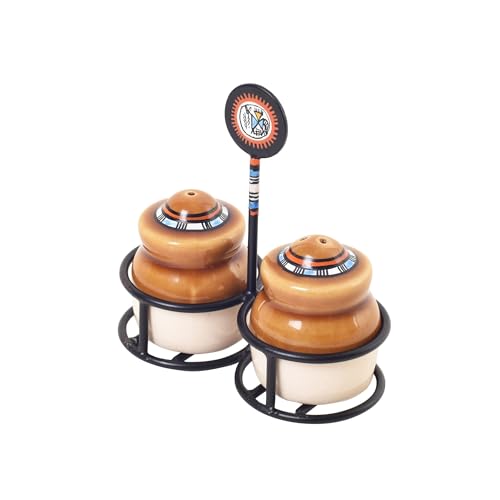 Image of Aakriti Art Creations Ceramic Salt & Pepper Set with Metal Stand | Handcrafted Modern Art Kitchen & Dining Dispenser Set | Salt Pepper Shaker Set for Dining Table | Kitchen Decoration Items Stylish