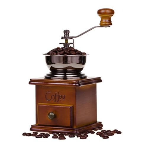 Molinillo de café manual, molinillo de café con manivela de cerámica vintage, base de madera con cajón, grosor ajustable, fácil de limpiar, diseño vintage (18 x 9 x 9 cm)