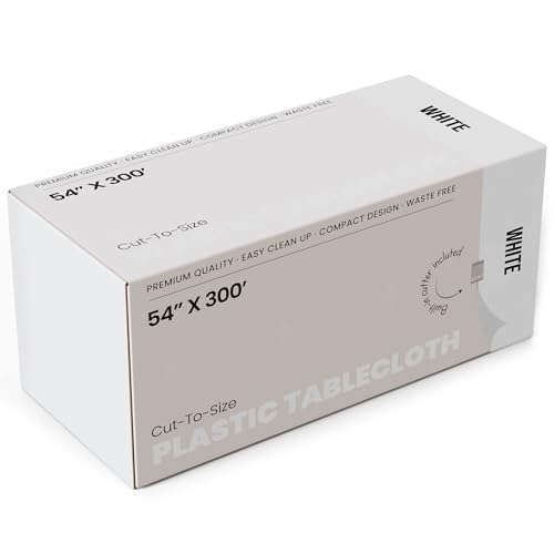 Image of Party Solids 54 Inch X 300 Feet Value Pack White Plastic Table Cover Roll in A Cut - to - Size Box with Convenient Slide Cutter. Cuts Up to 36 Rectangle 8 Feet Plastic Disposable Tablecloths