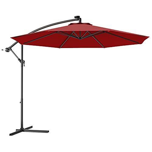 Giantex 10ft Offset Patio Umbrella, Burgundy, Outdoor Hanging Market Umbrella with Crank & Cross Base, Easy Tilt Adjustment, 96% Sunlight Protection