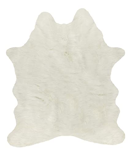 Luxe Faux Cowhide Rug for Rustic and Western Decor | Low Pile Faux Fur Rug with Off White Cow Print | Cruelty-Free Fade Resistant Living Room Rugs | 4-1/4 x 5 ft