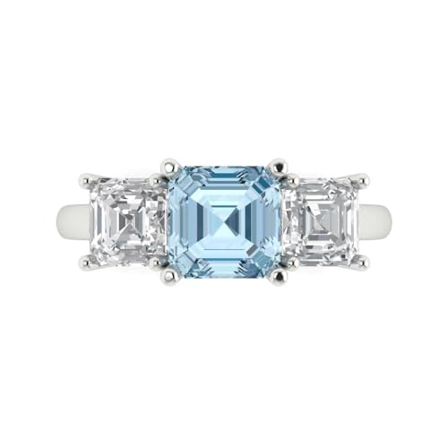 4 ctw Square Emerald Cut Solid Gold Engagement Ring for Women - 14K White Gold - Simulated Blue Diamond Wedding Promise Ring for Her