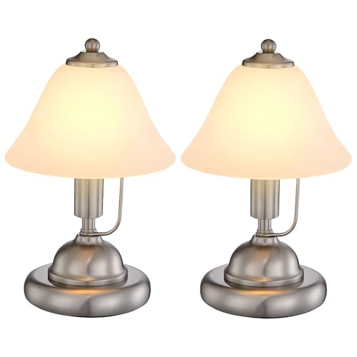 Tischleuchte Touch Nachttischleuchte Alabaster Glas Tischlampe Schlafzimmer, Nickel matt, 1x E14 Fassung, DxH 17x27 cm, 2er Set